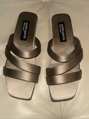 Pedro Garcia Kimi Square Toe Satin Sandals Size 37 in Lentil Tan